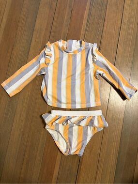 Kids Long-Sleeve Two-Piece Swim Set in orange, Lavender & White Stripes : 3-6 mo